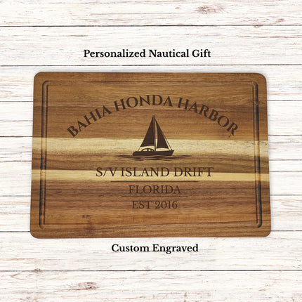Bahia Honda Harbor Florida sailboat cutting board personalized with Island Drift boat name nautical gift