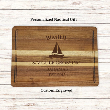 Bimini Bahamas sailboat cutting board personalized with Gulf Crossing boat name nautical gift