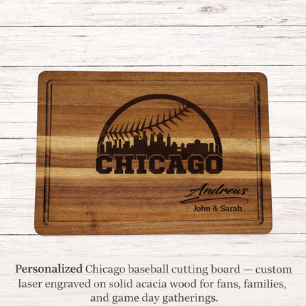 Personalized Chicago baseball cutting board engraved with city skyline and dark laser engraved family name on solid acacia wood