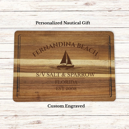 Fernandina Beach Florida sailboat cutting board personalized with Salt and Sparrow boat name nautical gift