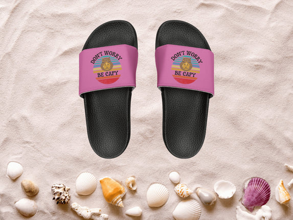 Kids Beach Sandals | Capybara Sandals | Youth Flip Flops | Childrens Slide Sandals | Retro Sandals | Don't Worry Be Capy Pink Shoes