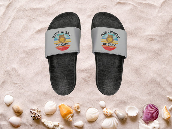Kids Beach Sandals | Capybara Sandals | Youth Flip Flops | Childrens Slide Sandals | Retro Sandals | Don't Worry Be Capy Gray Shoes