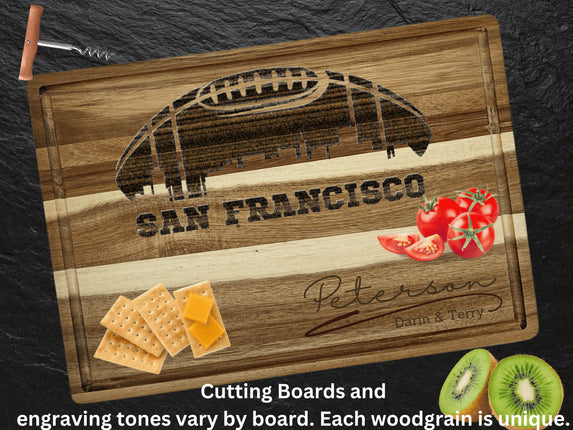 Custom San Francisco football cutting board featuring the city skyline and a football design. Personalized as requested to make a great gift.