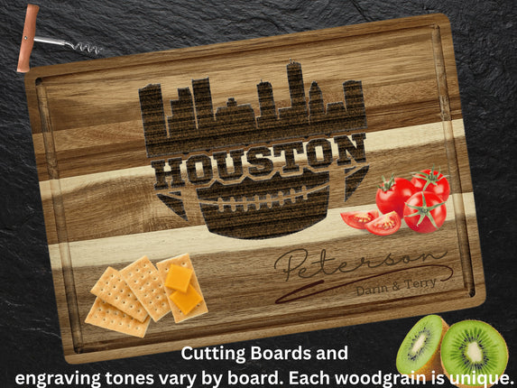 Custom Houston football cutting board featuring the city skyline and a football design. Personalized as requested to make a great gift.