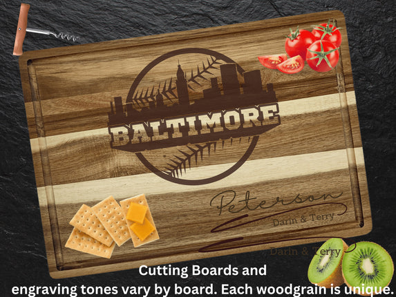 Personalized Baltimore Baseball Fan Acacia Cutting Board