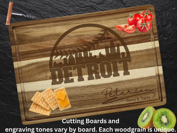 Personalized Detroit Baseball Cutting Board: Engraved Acacia Wood Gift