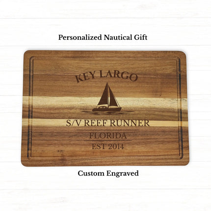 Key Largo Florida Keys sailboat cutting board personalized with Reef Runner boat name nautical gift