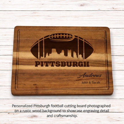 Personalized Pittsburgh football cutting board on rustic wood background