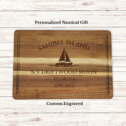 Sanibel Island Florida sailboat cutting board personalized with Driftwood Moon boat name nautical gift
