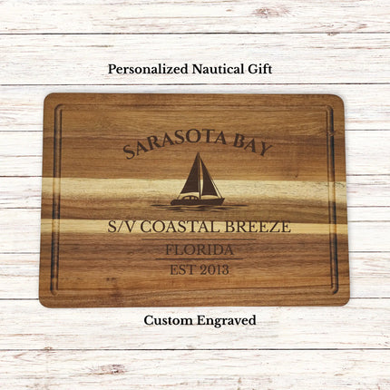Sarasota Bay Florida sailboat cutting board personalized with Coastal Breeze boat name nautical gift