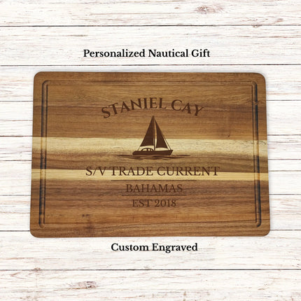 Staniel Cay Bahamas sailboat cutting board personalized with Trade Current boat name nautical gift