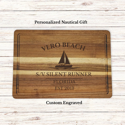 Vero Beach Florida sailboat cutting board personalized with Quiet Current boat name nautical gift