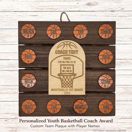 Personalized youth basketball coach award plaque with custom player names and jersey numbers engraved on wood