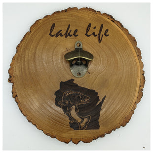 Wall Mount Bottle Opener Laser Engraved With Magnetic Cap Catcher - 11.5" Round - Wisconsin Lake Life