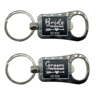 Bottle Opener Keychain - Laser Engraved - Bride and Groom Set