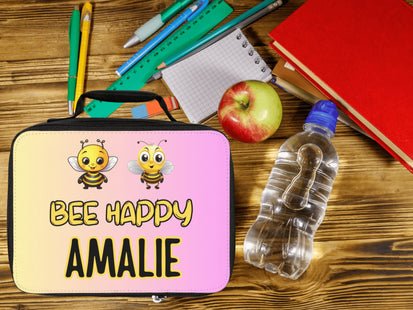 Bee Happy Lunch Bag | Personalized Kids Lunch Box | Yellow and Pink School Lunch Bag | Insulated Lunch Bag