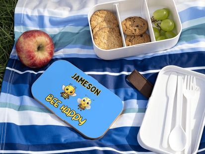 Personalized Bento Box | Bee Happy Bento Lunch Box | Kids School Snack Container | Custom Lunch Box | Light Blue Child Snack Box