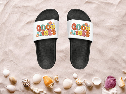 Kids Beach Sandals | Youth Flip Flops | Childrens Slide Sandals | Retro Sandals | Good Vibes White Shoes