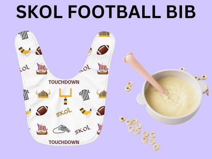 SKOL Football Bib | Minnesota Baby Bib | White Fleece Football Bib | Skol Baby Gift
