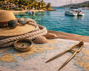 Bahamas and Caribbean cruising grounds scene with nautical chart, compass, and sailboats anchored in turquoise island waters, representing popular island sailing destinations