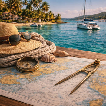 Bahamas and Caribbean cruising grounds scene with nautical chart, compass, and sailboats anchored in turquoise island waters, representing popular island sailing destinations