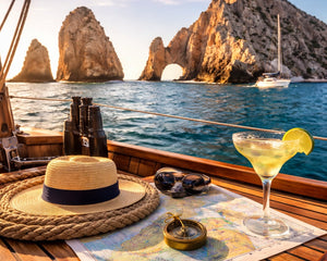 Square image showing Land’s End at Cabo San Lucas with sailboats anchored in turquoise water, featuring a nautical chart, compass, straw hat, and margarita on a sailboat cockpit to represent Mexico and the Sea of Cortez cruising grounds