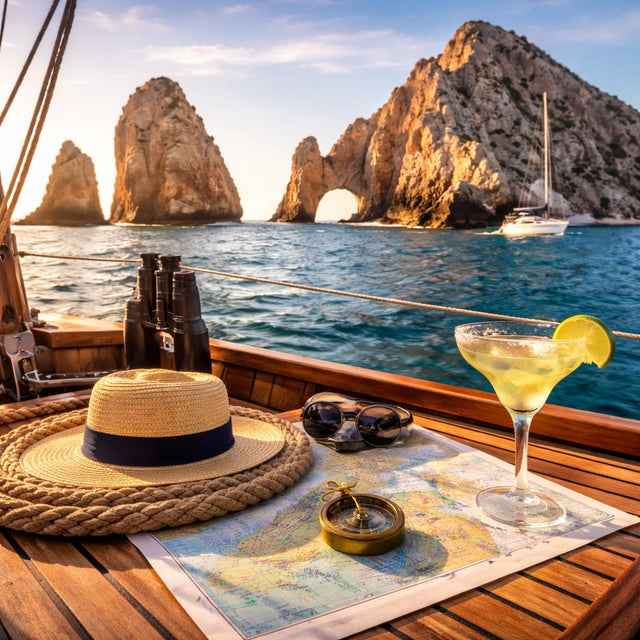 Square image showing Land’s End at Cabo San Lucas with sailboats anchored in turquoise water, featuring a nautical chart, compass, straw hat, and margarita on a sailboat cockpit to represent Mexico and the Sea of Cortez cruising grounds