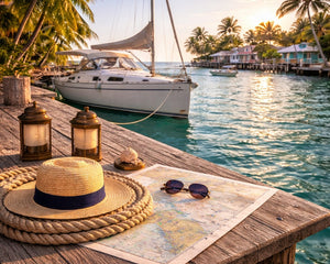 Square image of a Florida waterfront marina with sailboat at dock, nautical chart, compass, and rope in warm coastal light representing Florida cruising grounds