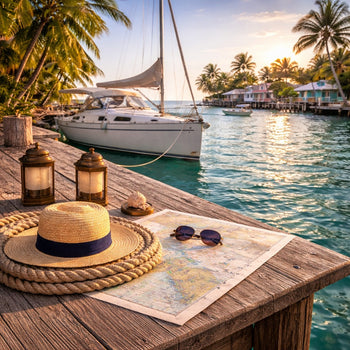 Florida harbor scene with sailboat in a channel. Nautical chart and classic sailing instruments are shown on a table in the foreground
