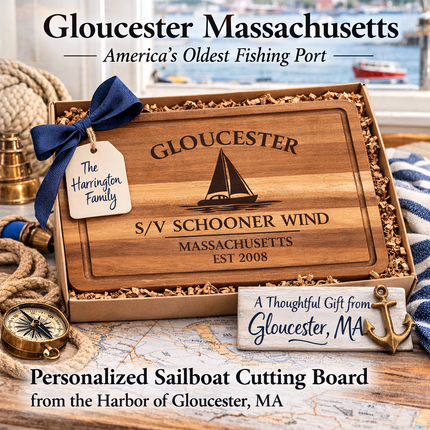 personalized Gloucester Massachusetts sailboat cutting board gift for sailors boat owners and coastal homes