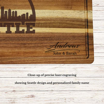 Close up of laser engraved Seattle skyline baseball design on personalized acacia wood cutting board