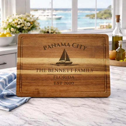 panama city florida sailboat cutting board displayed in coastal kitchen with emerald coast decor