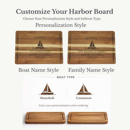 Sidney British Columbia cutting board personalization options showing custom boat name family name established year and sailboat engraving choices