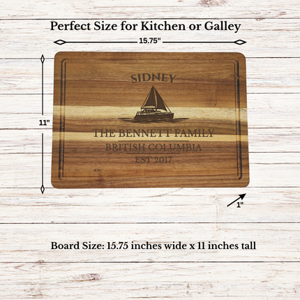 Sidney British Columbia sailboat cutting board dimensions and features including size thickness juice groove and reversible design