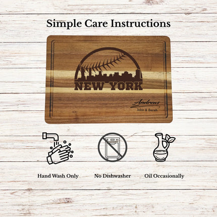 Care instructions for acacia wood cutting board showing cleaning oiling and maintenance for long lasting use