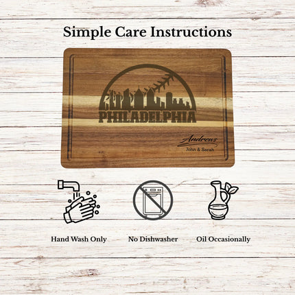 Care instructions for acacia wood cutting board showing cleaning oiling and maintenance for long lasting use
