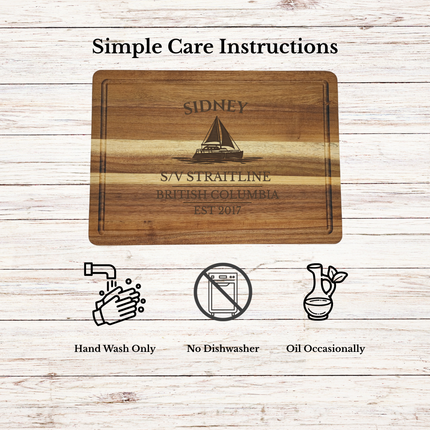 Sidney British Columbia cutting board care instructions showing how to clean oil and maintain acacia wood