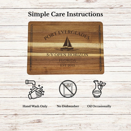 Port Everglades Florida cutting board care instructions showing how to clean oil and maintain acacia wood for long lasting use