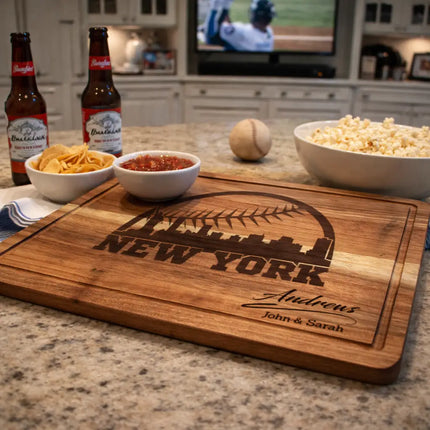 New York baseball cutting board displayed in kitchen or game day setting for serving snacks and entertaining
