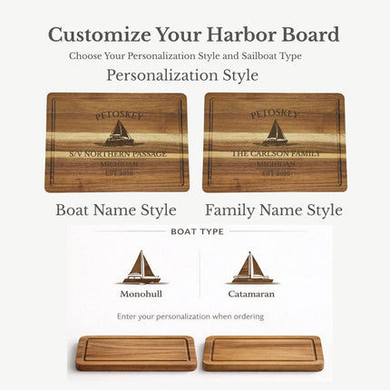 Petoskey Michigan sailboat cutting board design options showing custom engraving layout with boat name and established year preview