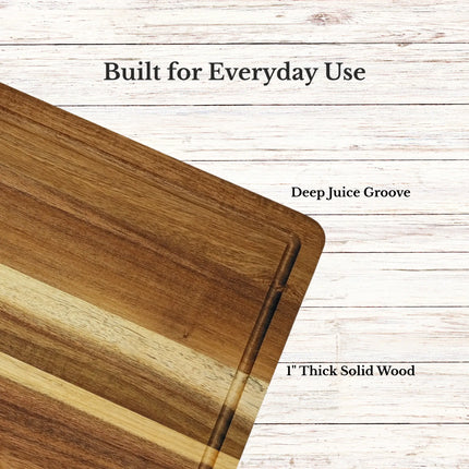 Acacia wood cutting board with juice groove and smooth finish showing craftsmanship details