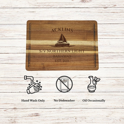 Acklins Bahamas cutting board care instructions showing how to clean oil and maintain acacia wood for long lasting use