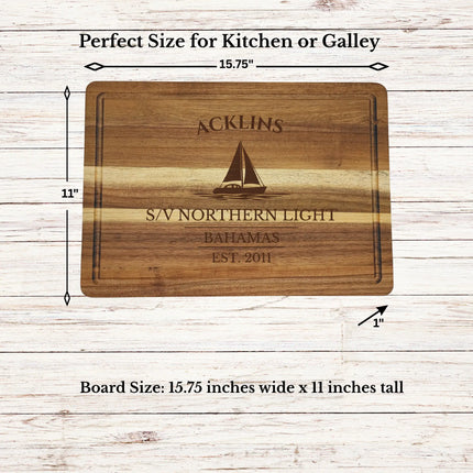 Acklins Bahamas sailboat cutting board dimensions and features including size thickness juice groove and edge detail