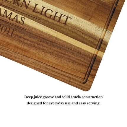 Acklins Bahamas cutting board juice groove and craftsmanship showing solid acacia wood quality and durability