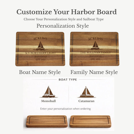 Acklins Bahamas cutting board personalization options showing custom boat name family name established year and sailboat engraving styles