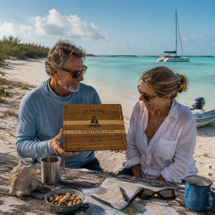 Acklins Bahamas personalized cutting board being shared by offshore cruisers after arriving at a remote southern Bahamas beach anchorage by dinghy