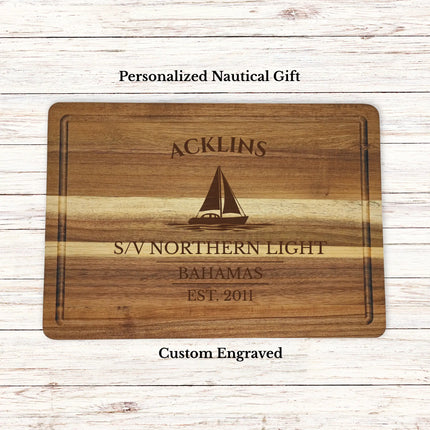 Acklins Bahamas sailboat cutting board personalized with Northern Light boat name nautical gift