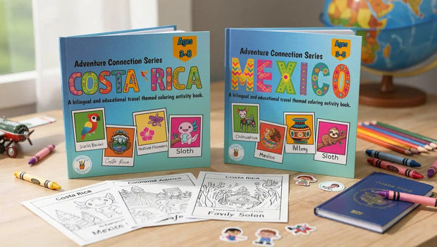 Adventure Connection Series Costa Rica and Mexico bilingual travel coloring and activity books displayed with coloring pages, crayons, passport, stickers, and globe in a family travel learning scene.