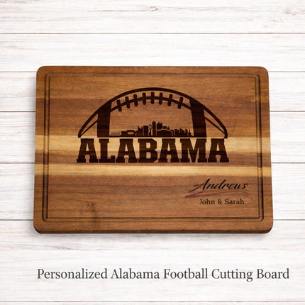 Personalized Alabama football cutting board laser engraved on solid acacia wood with juice groove and custom family name