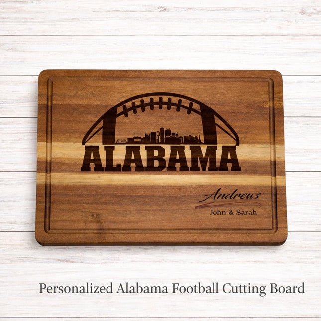 Personalized Alabama football cutting board laser engraved on solid acacia wood with juice groove and custom family name